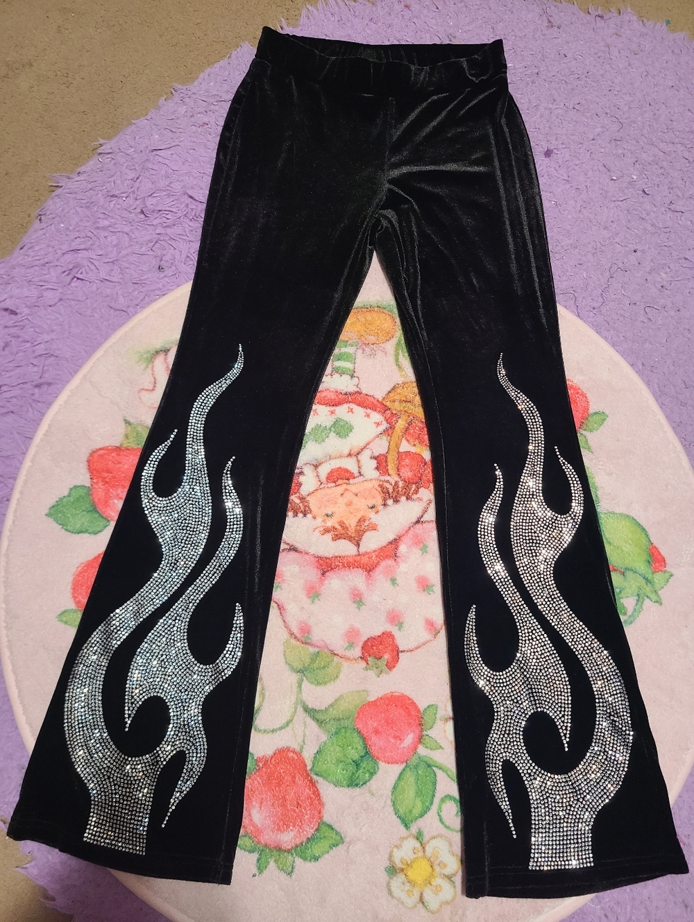 Black Velvet Flared Pants with Silver Rhinestone Flame Design